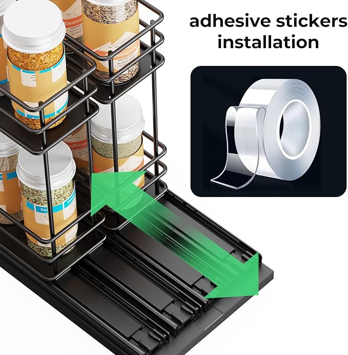 Pull Out Spice Rack Organizer for Cabinet, Slide Out Spice Racks, Easy to Install Spice Cabinet Organizer, 2.75''Wx10.35''Dx8.26''H, 2 Drawers 2 Tiers(Black