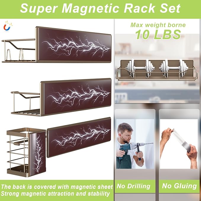 Magnetic Spice Rack for Refrigerator, 6 Pack Strong Magnet Spice Organizer with Paper Towel Holder, Utensil Holder, Moveable Magnetic Fridge Shelf for Kitchen Organization and Storage (Brown)