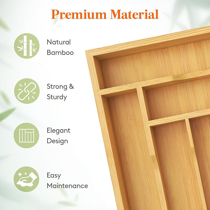 Lifewit Silverware Drawer Organizer Tray, Bamboo Cutlery Storage for Kitchen Drawer, 7 Compartment Flatware and Utensil Holder Divider for Spoons Forks Knives Tableware, Natural