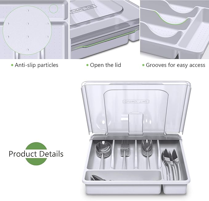 Utensil Holder for Countertop with Lid, Plastic Silverware Tray for Drawer, 5 Compartments Flatware Organizer, White