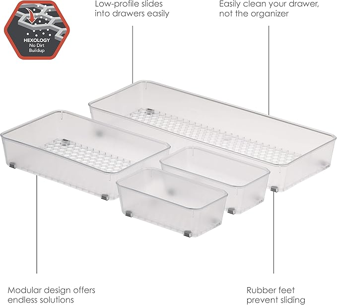 Spectrum HEXA In-Drawer Organizers Set of 4 (Clear Frost) - Drawer Storage for Bathroom, Jewelry, Makeup, Desk, Kitchen, Office, Utensils & More / Easy-to-Clean Trays