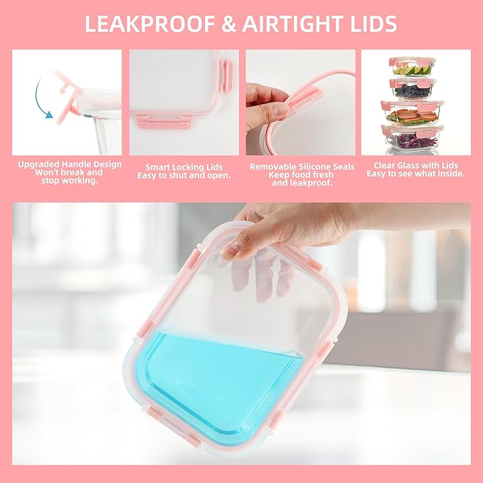 UMEIED 12 PACK Glass Food Storage Containers with Leak Proof Lids, Glass Airtight Meal Prep Containers Set for Lunch, On the Go, Leftover, Kitchen Pantry Organizers and Storage (Pink)