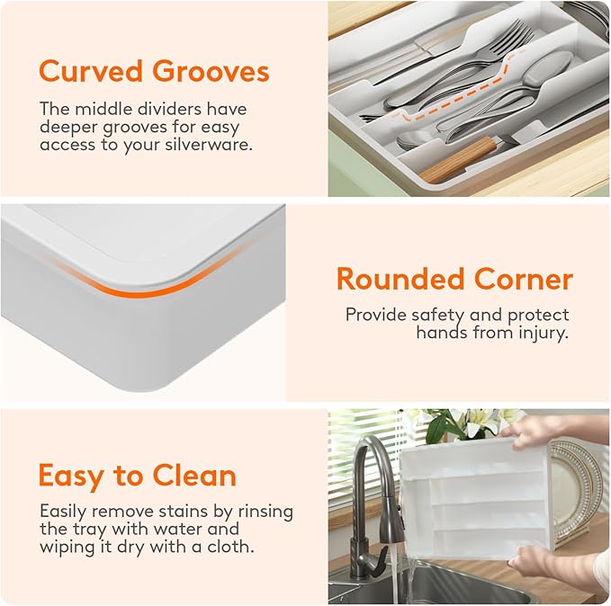 Lifewit Silverware Tray, Deep Wide Cutlery Drawer Organizer Storage for Kitchen, Plastic Flatware Utensil Holder Divider for Spoons Forks Knives Tableware, 5 Compartment, White