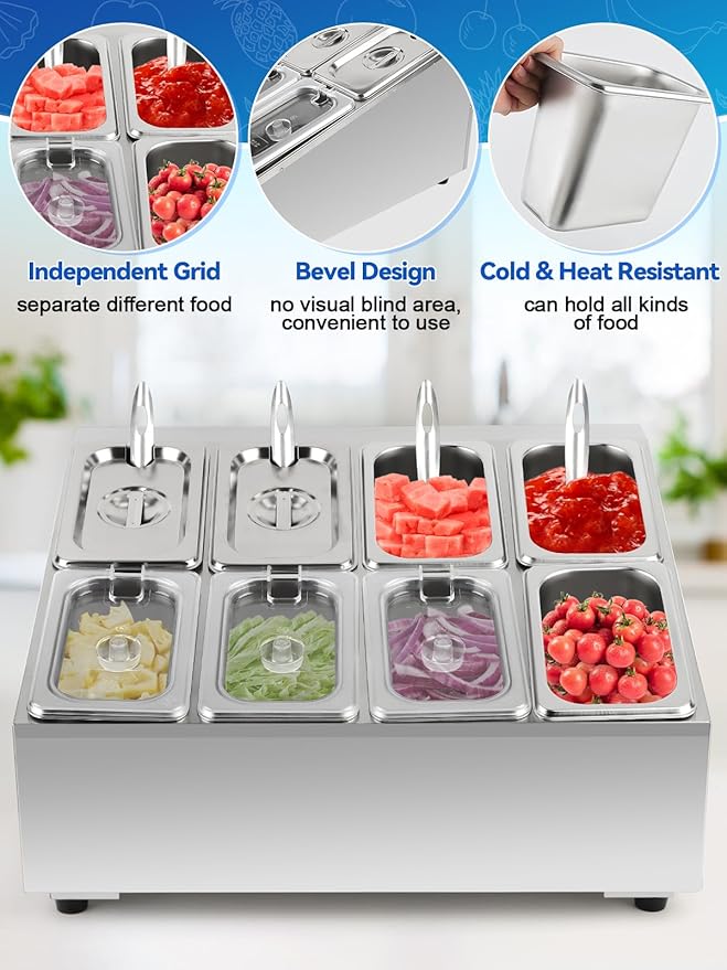 Lanstics 8 Pans Spice Rack Shelf 2 Row Stainless Steel Spice Organizer Stand with Lids Spoons Countertop Inclined Holder Buffet Containers Set for Sauce Jam Fruits Ingredient Kitchen Restaurant Pantry