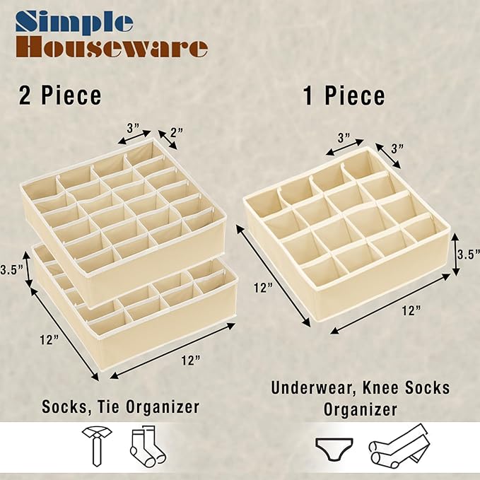 Simple Houseware Sock Drawer Organizer for Dresser/Closet/Bedroom, 3 Pack, Beige