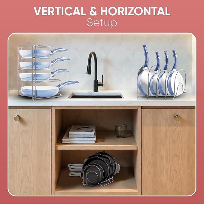 Heavy-Duty Pots and Pans Organizer | 5-Tier Cookware & Lid Storage Rack | Free-Standing or Wall-Mount | Kitchen Organizer for Cast Iron Skillets, Pots, Frying Pans, Lids | Chrome