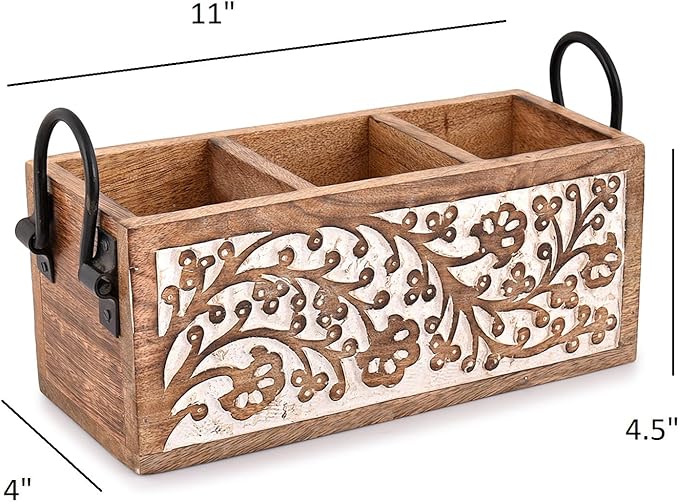 Mango Wood Utensil Drawer Organizer, Silverware Tray Organizer, Kitchen Drawer Organizer for Flatware Cutlery (11" x 4" x 4.5")