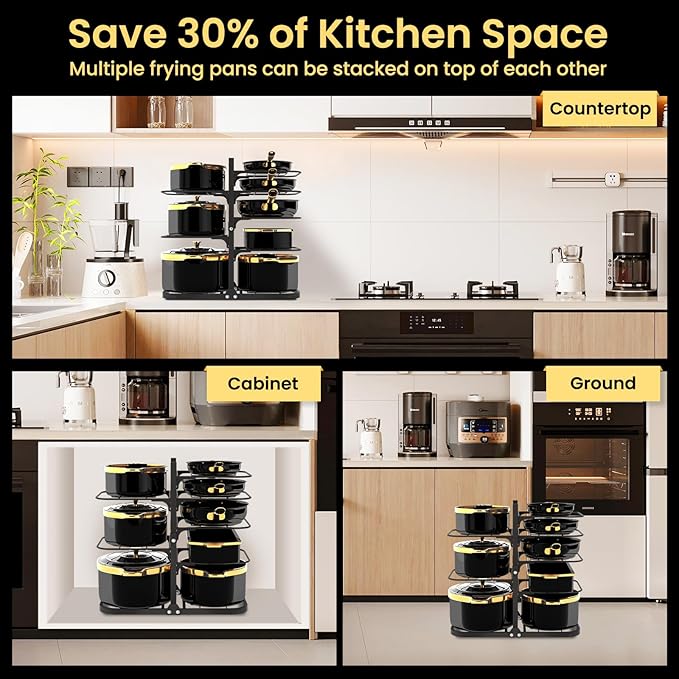 Podxco Heavy Duty Pots and Pans Organizer Under Cabinet: 8-Tier Adjustable Pot and Pan Organizer, Space Saving Pan Organizers Inside Cabinet, 21" Kitchen Storage Pot Rack Organizer for Cast Iron Pan