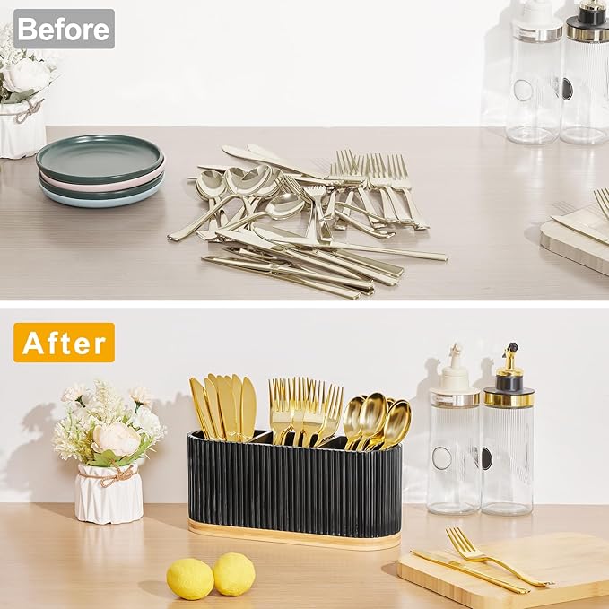 Countertop Silverware Holder, Silverware Caddy Organizer Holder for Forks, Spoons, Knives, Cutlery Caddy with 3 Compartments, Kitchen Utensil Holder for Party, Countertop, Black