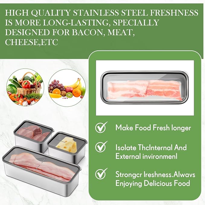 Hushee 3 Pcs Deepen Bacon Cheese Container Large Capacity 304 Stainless Steel Storage with Lids Deli Meat Container Dishwasher Safe Fridge Organizer for Fruit Lunch Storage