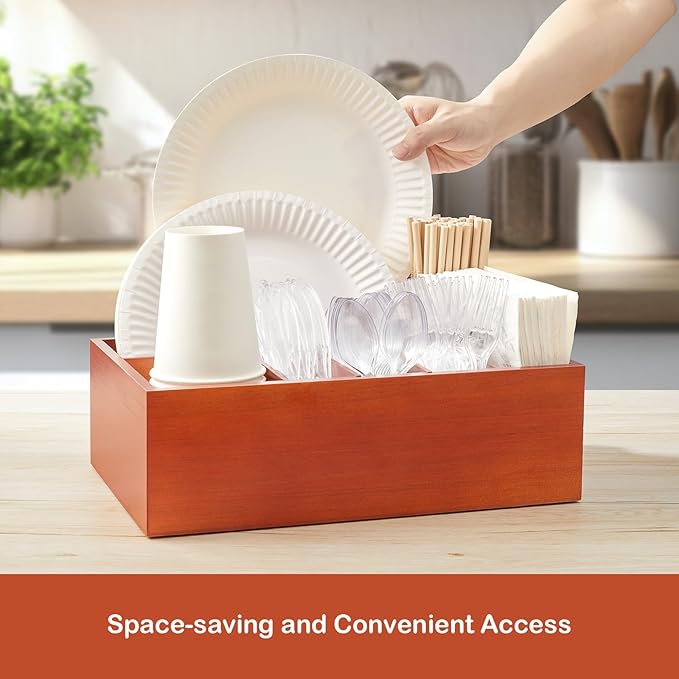 Paper Plate and Utensil Caddy for Party - Wooden Paper Plate Organizer for Countertop - Silverware Caddy with 6 Compartments for Cup Fork Spoon Napkin - Cutlery Holder for Kitchen Camping Buffet