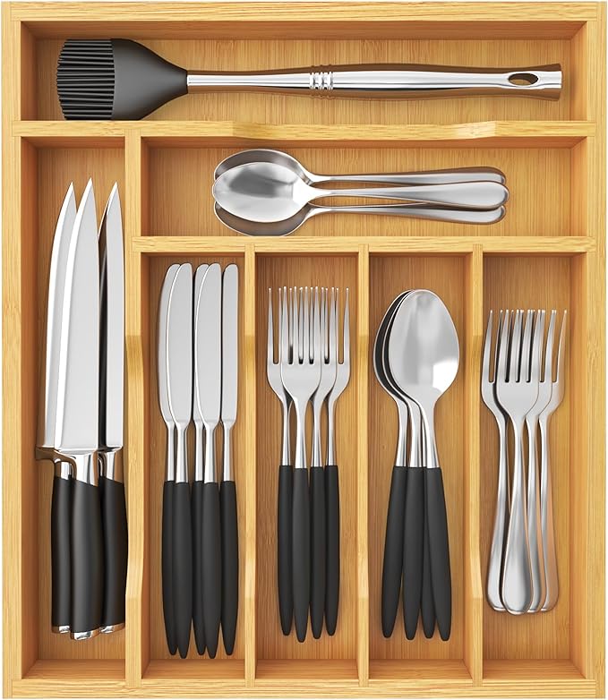 Lifewit Silverware Drawer Organizer Tray, Bamboo Cutlery Storage for Kitchen Drawer, 7 Compartment Flatware and Utensil Holder Divider for Spoons Forks Knives Tableware, Natural