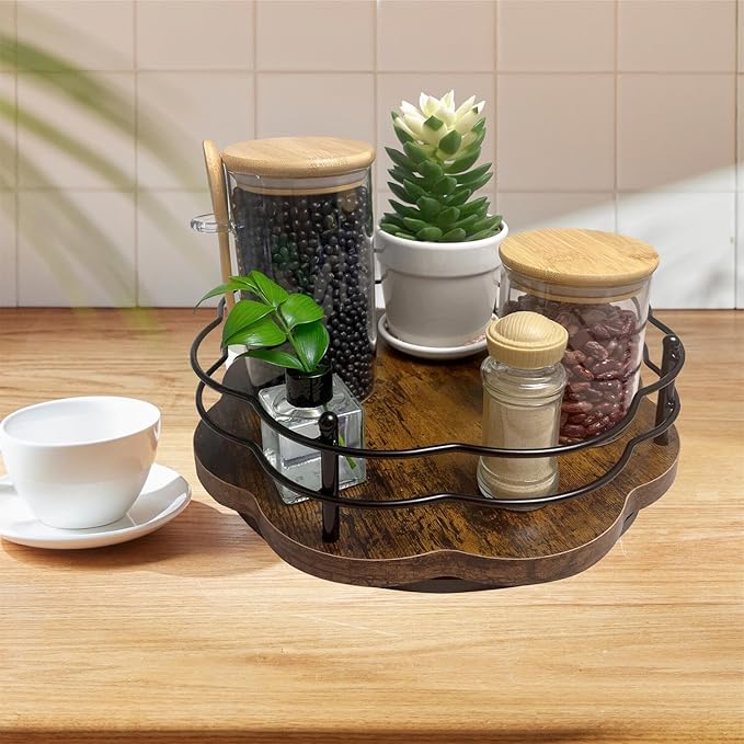 2 Pack 11" and 12" Wood Lazy Susan Turntable with Higher Metal Guardrail 360° Rotating Lazy Susan Spice Rack Organizer for Cabinet Table Top Kitchen Countertop Dining Table Pantry Coffee Bar Storage