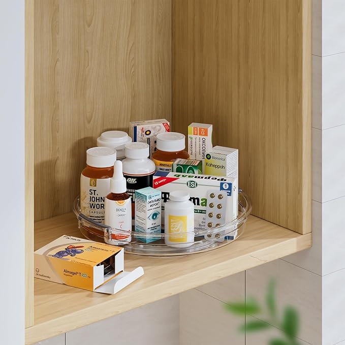 LAMU 4 Pack Lazy Susan Organizer, Clear Lazy Susan Turntable for Cabinet, Refrigerator, Table Top, Kitchen, Bathroom, Pantry Organizers and Storage, 2 Sizes Included 12in, 10.6in