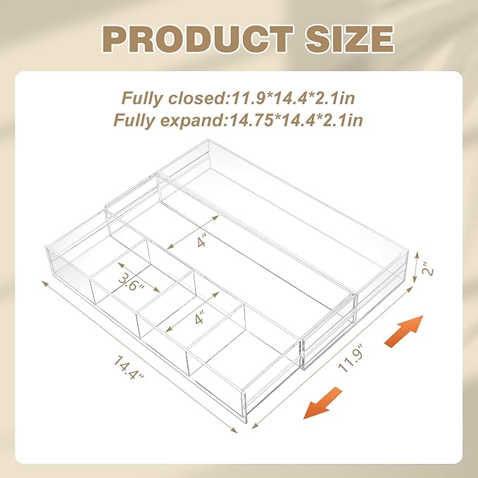 1 Pc Acrylic Desk Drawer Organizer Maximum Expandable Drawer Organizer Trays with 8 Adjustable Compartments Desk Accessories for Makeup Silverware Office Bathroom(Clear,Stylish)