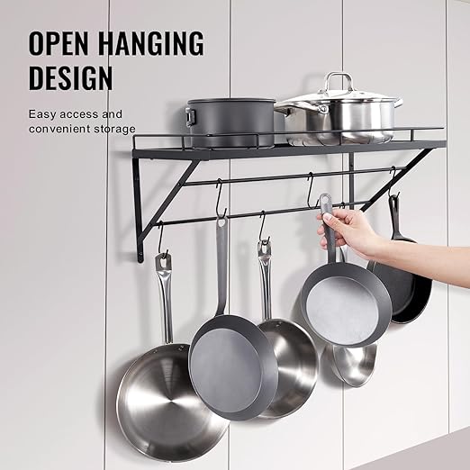 VEVOR Pot Rack Wall Mounted, 24 inch Pot & Pan Hanging Rack with 12 S Hooks, 55 lbs Loading Weight, Ideal for Cookware in Kitchen