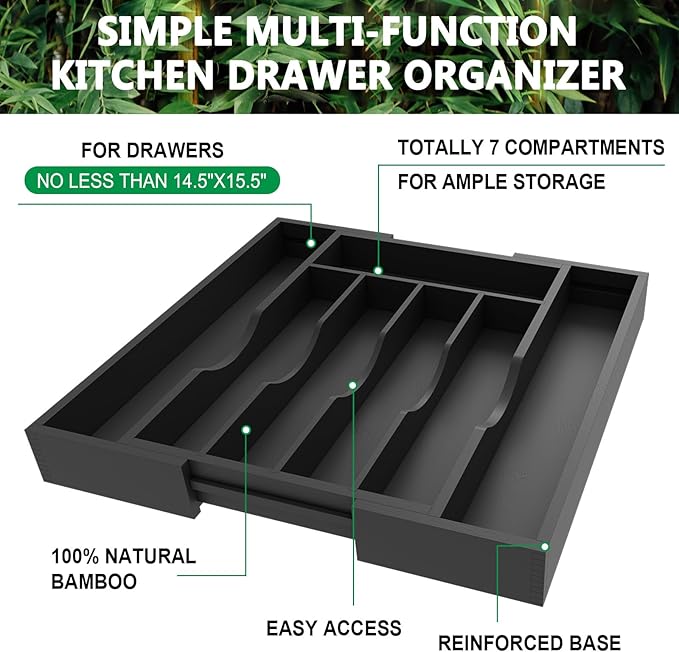 BAMBUROBA Bamboo Kitchen Drawer Organizer,Expandable Silverware Organizer,Utensil Holder and Cutlery Tray with 7 Slots,Gadgets Storage Divider,Black