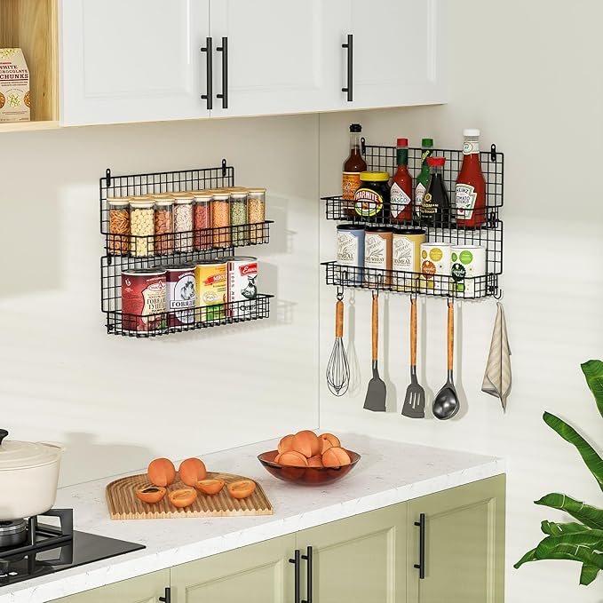 X-cosrack Spice Rack Organizer Wall Mounted 4-Tier Stackable Hanging Spice Storage Racks,Great for Kitchen and Pantry Storing Spices, Large with 5 Hooks, Up to Storage 80 Jars(Patent No.:D909138S)