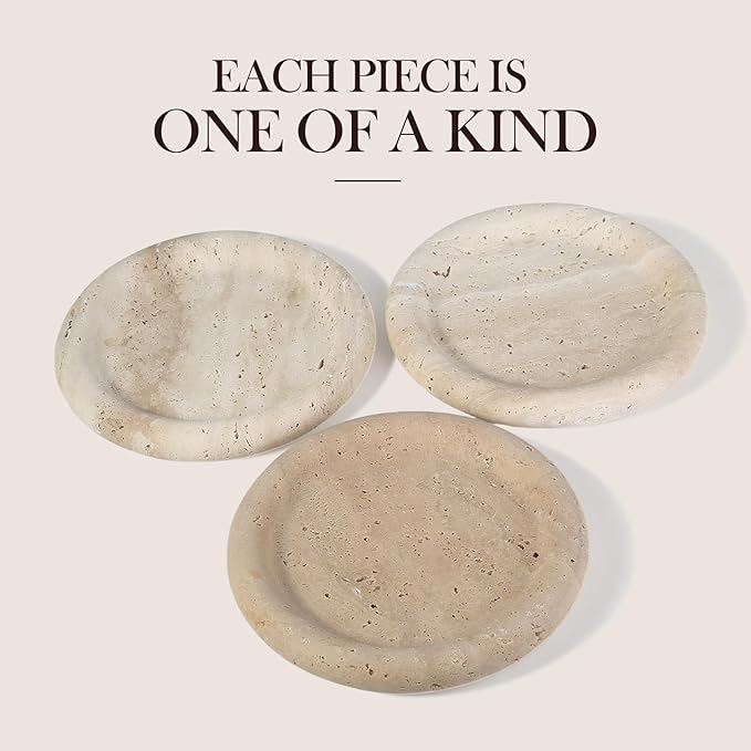 Koville Italian Round Travertine Tray, 8" Vanity Decorative Marble Tray for Countertop, Catchall for Perfume, Candles, Jewelry Dish