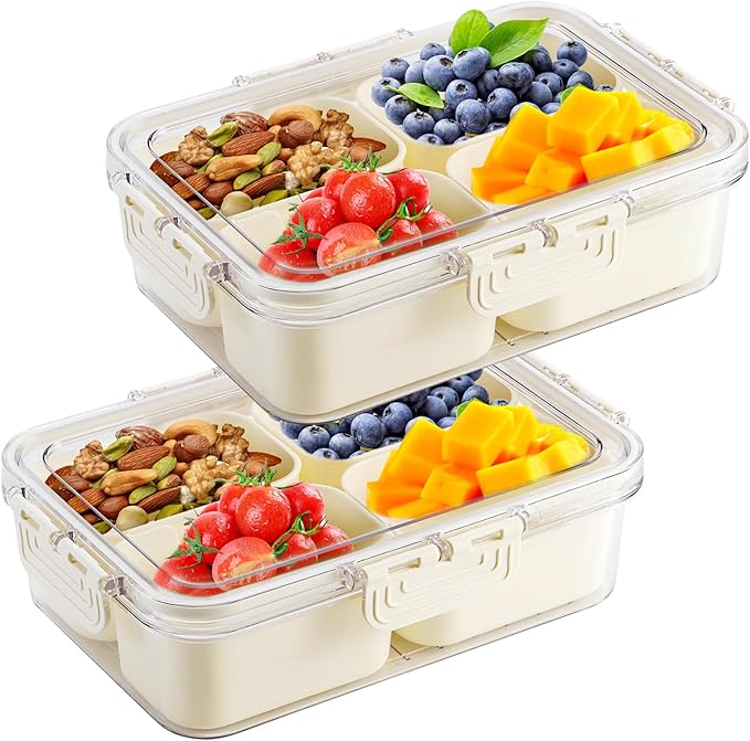 2 Pack Divided Serving Tray with Lid and Handle, Snackle Box Container mit 4 Compartments Clear Serving Platters and Trays,Snack Platters for Veggie Fruits Snacks Nuts, for Picnic Party Travel