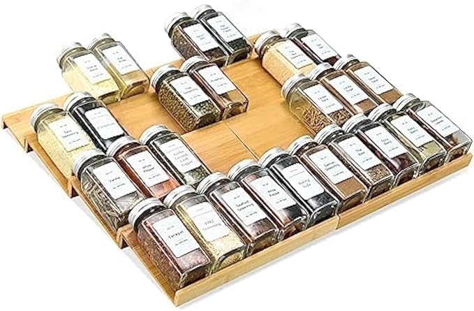 Spice Drawer Organzier,4 Tiers- 8Pcs Bamboo Spice Rack Tray Insert for Cabinet Drawer Countertop, Kitchen Seasoning Storage Drawer Organization,18" Wide x 15.8" Deep (Hold UP To 40 Jars