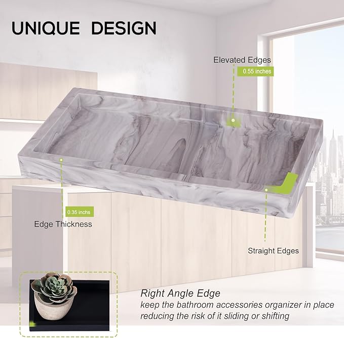Small Bathroom Vanity Silicone Tray for Counter, Rectangle Dish Soap and Sponge Holder for Kitchen Sink, Perfume Organizer for Dresser, Marble Grey
