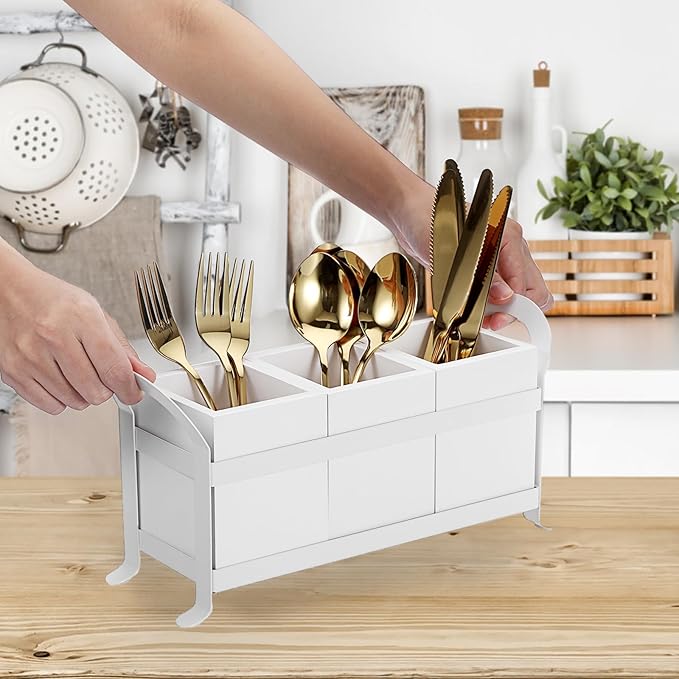 Wooden Utensil Caddy, Wood Silverware Holder with 3 Compartment, Farmhouse Kitchen Flatware Organizer with Metal Portable Handle, Utensil Cutlery Organizer for Forks Spoons Knives, White