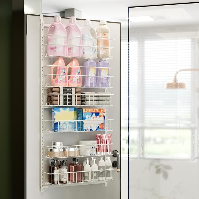 Fixwal 6-Tier Over the Door Pantry Organizer, Metal Hanging Spice Rack Storage Shelves with Adjustable Baskets for Kitchen, White