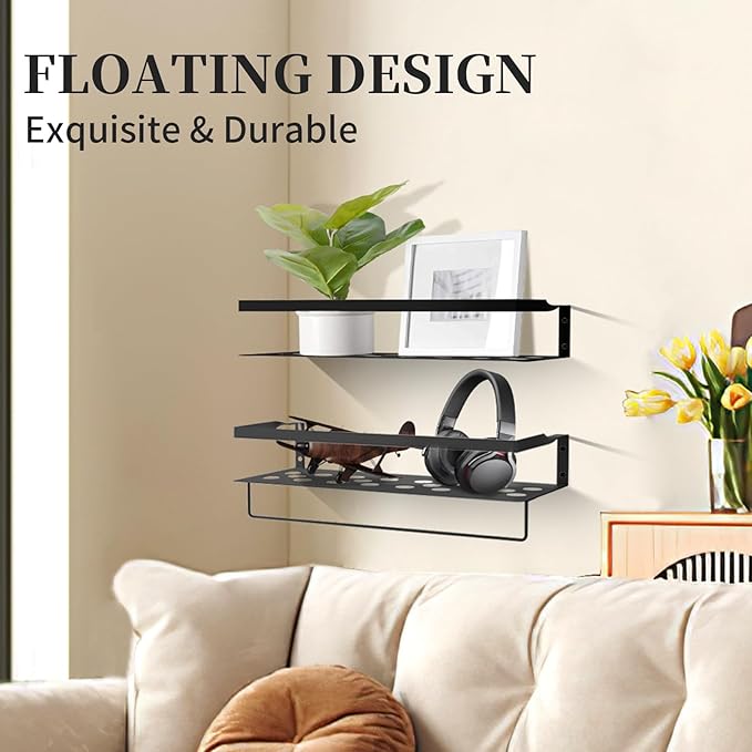 Uten Floating Shelves, Wall Mounted Iron Shelves Set of 2, Bathroom Storage Iron Shelves with Towel Rack, Wall Hanging Organizer Decor Shelf for Bathroom, Kitchen, Bedroom, Living Room