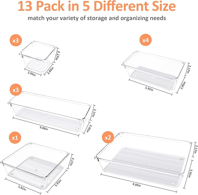 13 PCS Clear Plastic Drawer Organizer Set, GOGOODA 5 Size Large Vanity Organizer Trays with Non-Slip Pads, Multi-use Organizing Bins for Kitchen, Bedroom, Bathroom, Office, Utensils, Makeup, Jewellery