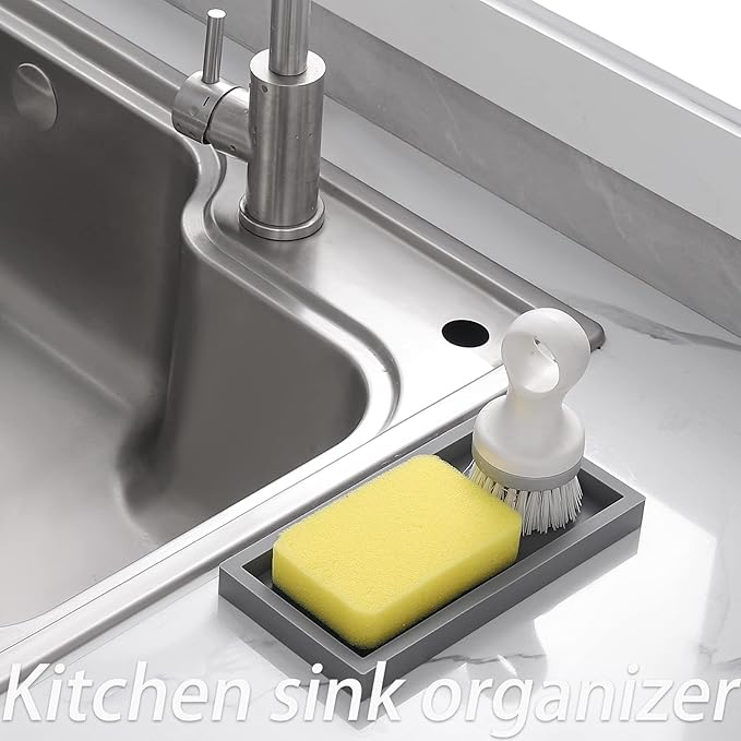 Small Silicone Bathroom Vanity Tray Rectangle Soap and Sponge Holder Kitchen Sink Organizer for Scrubber, Lotion Bottles, Perfume, Jewelry, Candle, Key Trinket Ring, Grey