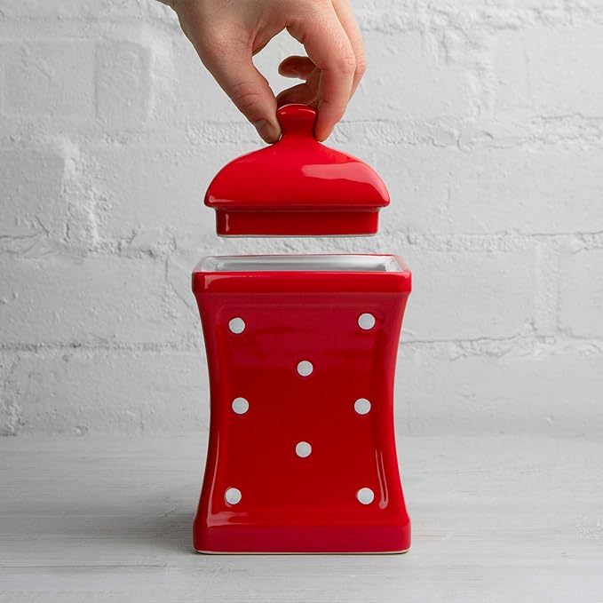 City to Cottage Handmade Red and White Polka Dot Large Ceramic 31.5oz/900ml Kitchen Storage Jar with Lid | Pottery Canister, Cookie Jar, Housewarming Gift