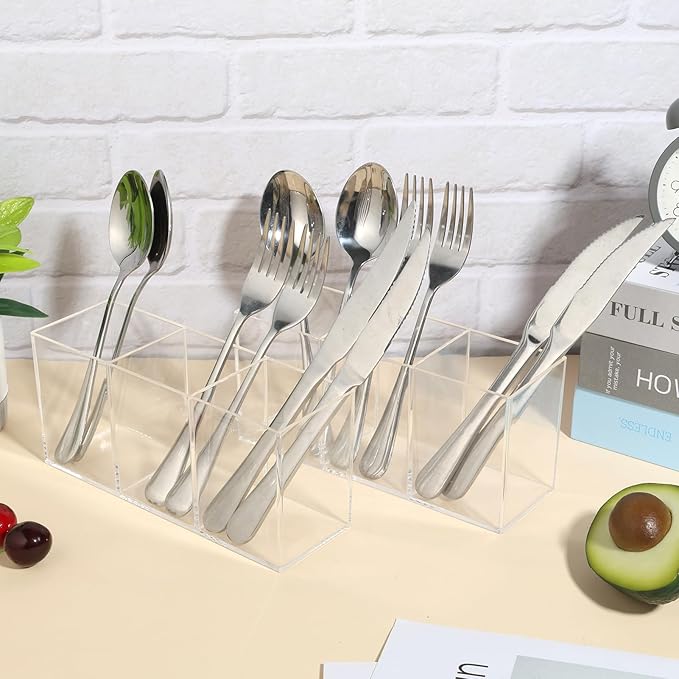 Rainmae 2Pack Plastic Cutlery Storage Organizer, Acrylic Cutlery Utensil Holder Storage Organizer Caddy for Kitchen Countertop Organization - Holds Fork, Knife, Spoon, Silverware Tableware Storage Box