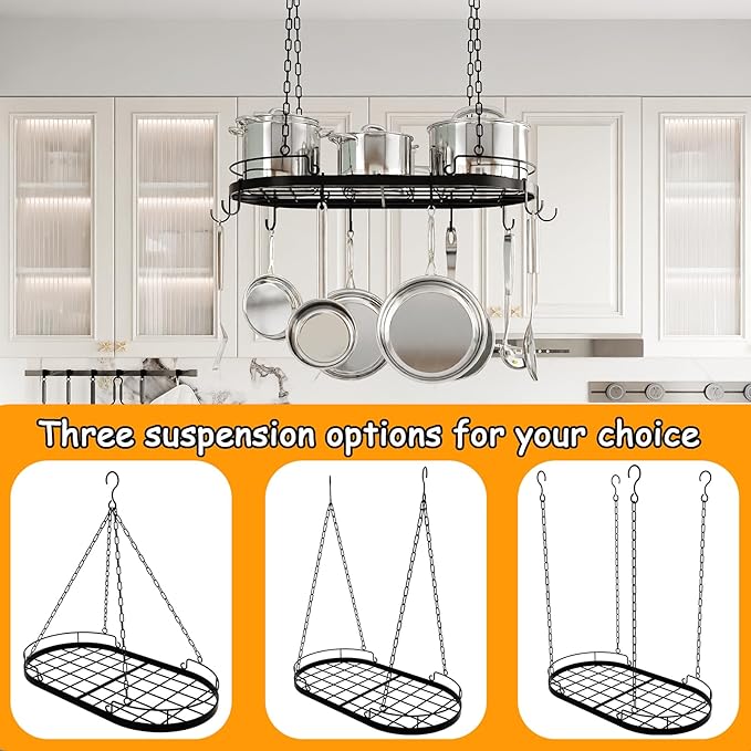 24.4” Metal Pot Rack Hanging, Oval Pan Rack Hanging with Hooks, Heavy Duty Ceiling Pot Rack with Grid, Pot and Pan Hangers for Kitchen Cookware Utensils Toiletries, Easy Assembly, Black