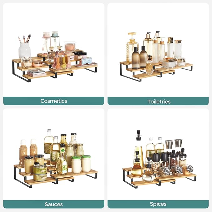 SONGMICS Bamboo Shelf Organizers and Spice Racks Bundle, 2 Sets of 2 Cabinet Organizers, for Kitchen Organization, Natural and Black UKCS02NB and UKCS016N01