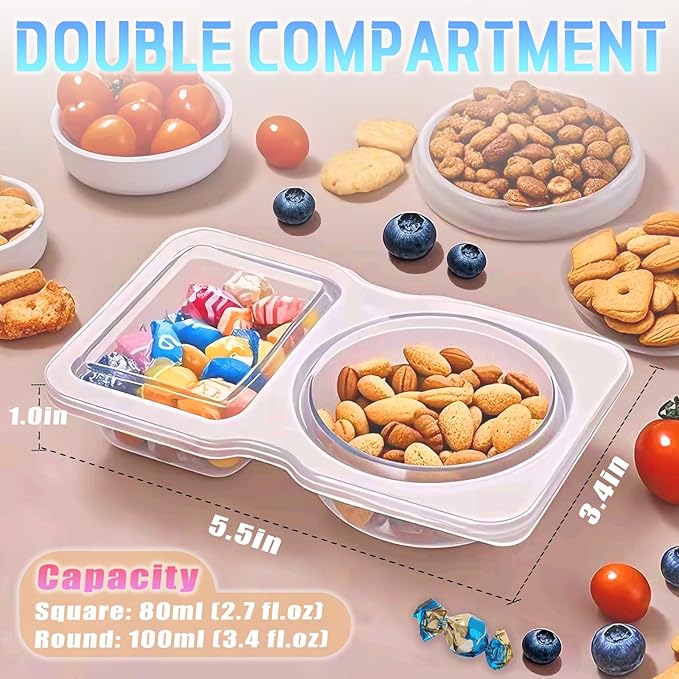 12Pcs Snack Pack Containers, Double Compartment Condiment Containers with Lids, Reusable Small Sauce Dipping Containers, Grab and Go Snack Containers, Disposable Snack Box Container for Kids Adults