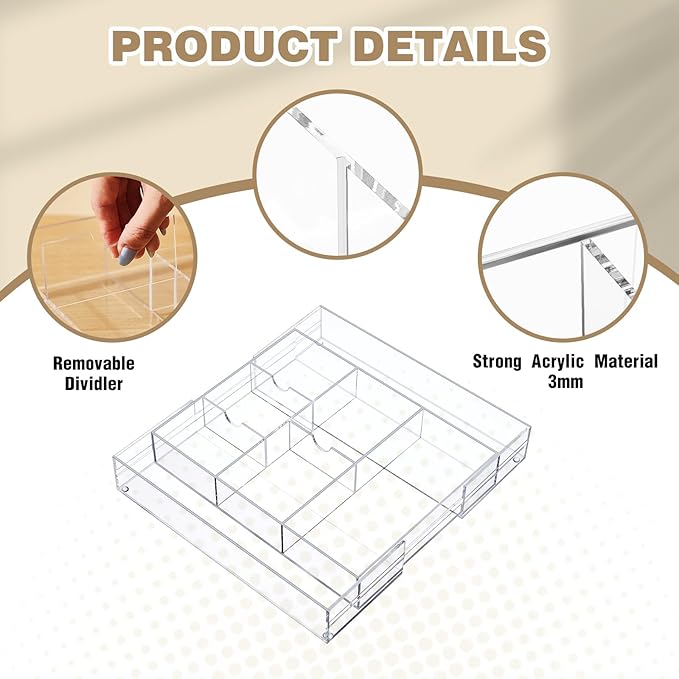 1 Pc Acrylic Desk Drawer Organizer Maximum Expandable Drawer Organizer Trays with 8 Adjustable Compartments Desk Accessories for Makeup Silverware Office Bathroom (Clear,Classic)