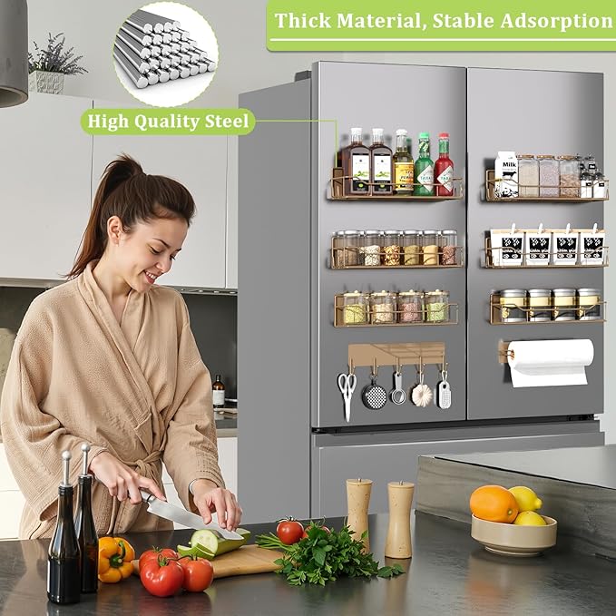 Magnetic Spice Rack for Refrigerator, 9 Pack Magnetic Fridge Shelves W/Adjustable Paper Towel Holder, Hook Rack, Moveable Spice Organizer Shelf for Kitchen Organization and Storage (Brown)