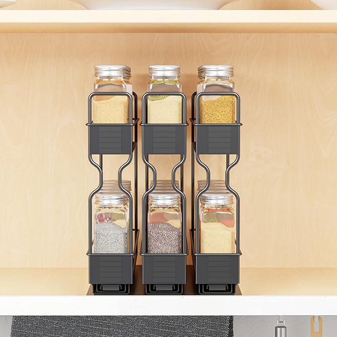 SpaceAid Pull Out Spice Rack Organizer with 30 Jars for Cabinet, Slide Out Seasoning Kitchen Organizer, Cabinet Organizer, with Labels, 7.7" W x10.75 D x10 H, 3 Drawers 2-Tier