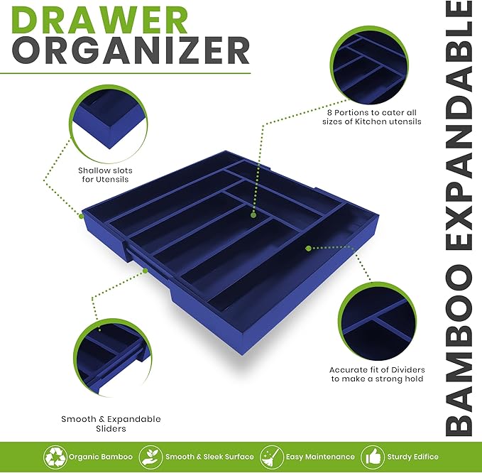 Utopia Kitchen Bamboo Silverware Drawer Organizer, Expandable Utensil Holder, 6-8 Slots, Blue