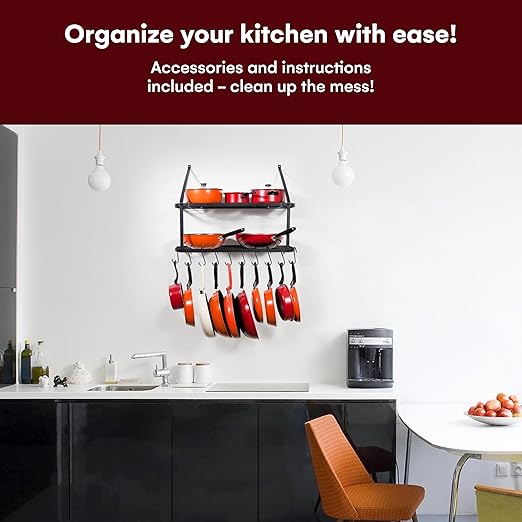 Vdomus Hanging Pot and Pan Organizer - Rustproof Wall Mounted Rack for Kitchen Storage - Durable, Thick Iron Material - 2-Tier Shelf with 10 Hooks for Utensils - Wall Mounted Black Pot Rack