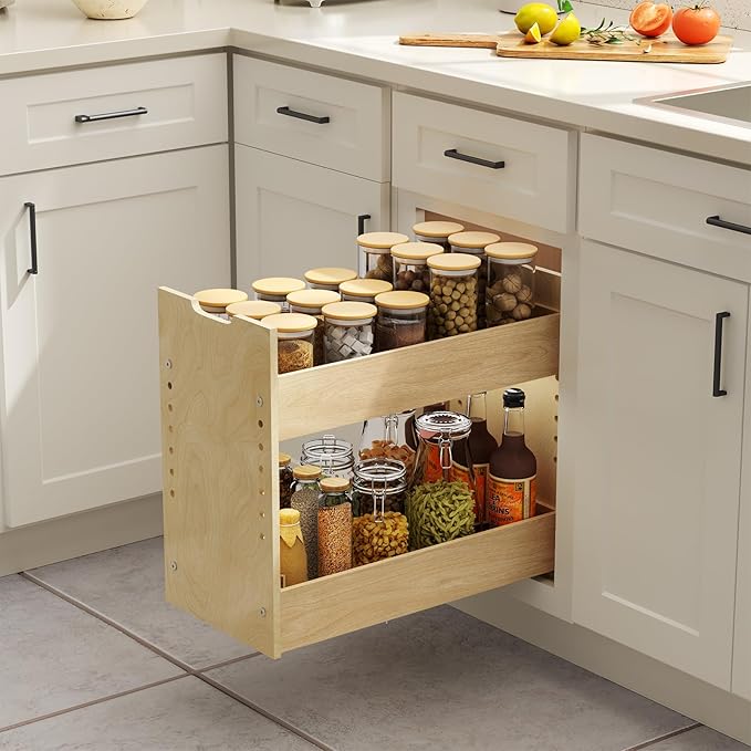 LOVMOR Adjustable Pull Out Cabinet Organizer 13½” W x 18½”H 2-Tier Narrow Cabinet Drawers Slide Out with Soft Close Wood Spice Rack for Narrow Cabinet