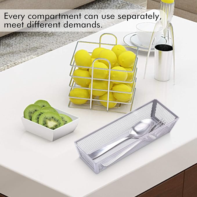 WuGeShop Mesh Silverware Tray Drawer Organizer, Kitchen Utensils Flatware Tray with Anti-slip Mats, Silverware Storage Cutlery Tray for Knives Fork Spoon (5 Separate Compartments, Silver)