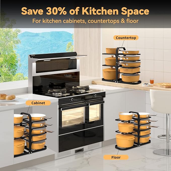 Podxco Pot and Pan Organizer for Under Cabinet, Thickened 8-Tier Adjustable Heavy Duty Pot Organizers Inside Cabinet, Rust-Resistance Pan Organizers Inside Cabinet for Cast-iron Pans, Heavy Skillets