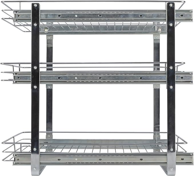 Household Essentials Glidez Multipurpose Chrome-Plated Steel Pull-Out/Slide-Out Triple-Sliding Storage Organizer for Cookware and Bakeware - 3-Tier Design - Fits Standard Size Cabinet or Shelf, Chrome