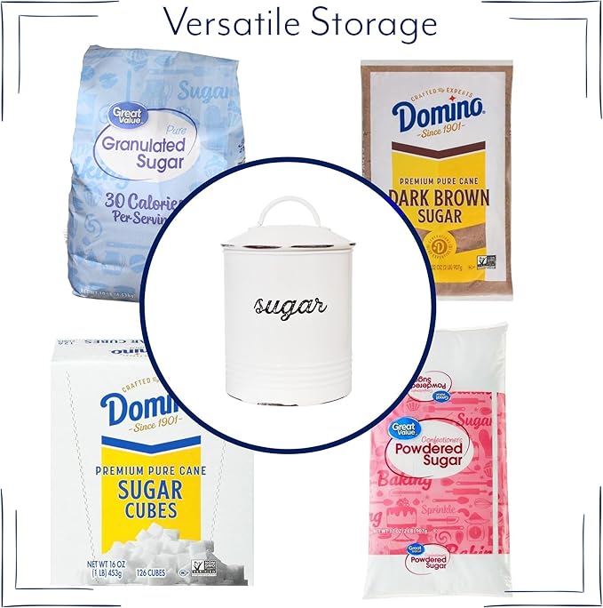 AuldHome Design Enamelware White Sugar Canister; Rustic Distressed Style Staples Storage for Kitchen