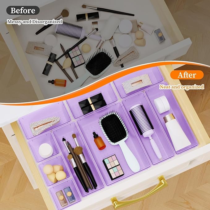 32 PCS Clear Plastic Drawer Organizer Set, 4-Size vanity organizer Trays and Storage Bins for Makeup, Jewelry and Gadgets in Bedroom, Bathroom and Office, Clear Purple