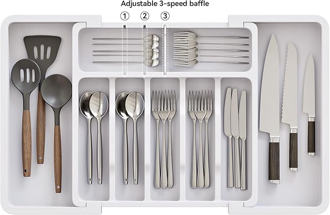 2 Pack Silverware Organizer, Expandable and Adjustable Kitchen Utensil Drawer Organizer, Plastic Cutlery Holder with Multiple Compartments,Cutlery Holder,for Spoons Forks Knives,White,UAFD012W