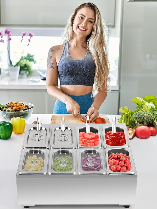 Lanstics 8 Pans Spice Rack Shelf 2 Row Stainless Steel Spice Organizer Stand with Lids Spoons Countertop Inclined Holder Buffet Containers Set for Sauce Jam Fruits Ingredient Kitchen Restaurant Pantry