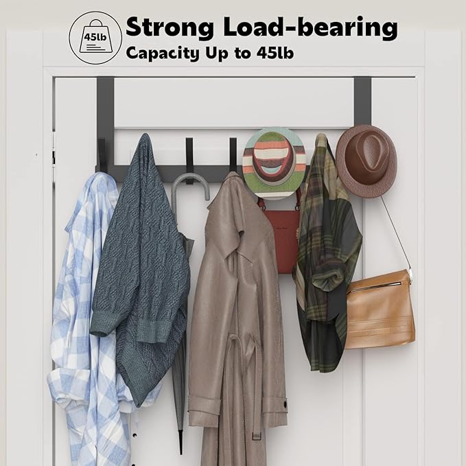 2 Pack Over The Door Hooks, Sturdy Door Hanger, Large Over The Door Towel Rack with 12 Hooks, Heavy Duty Easy to Install, for Bathroom, Bedroom,Kitchen,Hanging Towels, Coats (Black)